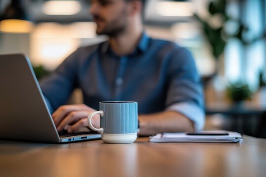 A person working on a laptop with a coffee mug and notepad on a desk.