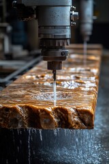 Close-up of industrial CNC machine carving granite slab with water pouring, flat surface creation in stone fabrication process
