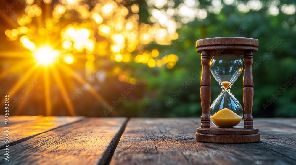 Leinwandbilder an hourglass placed in front of a sunrise symbolizing new beginnings the passage of time and persona