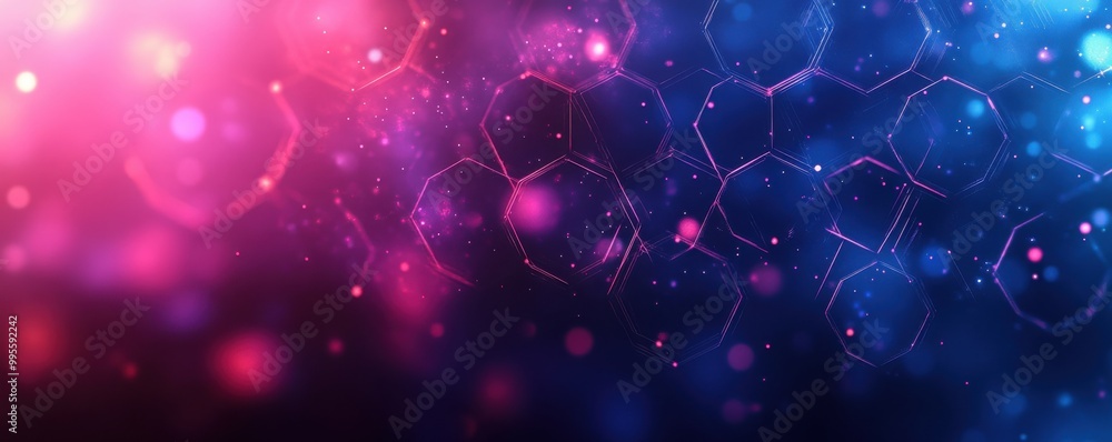 Poster abstract background with glowing hexagons and dynamic light effects in shades of pink and blue, crea