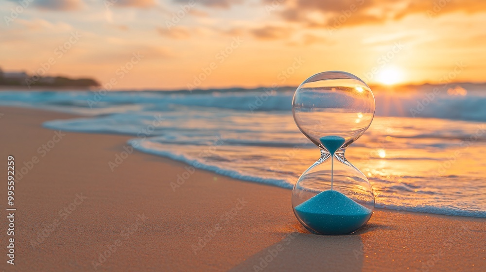 Poster An hourglass placed in front of a sunrise symbolizing new beginnings the passage of time and personal growth Large space for text in center Stock Photo with copy space