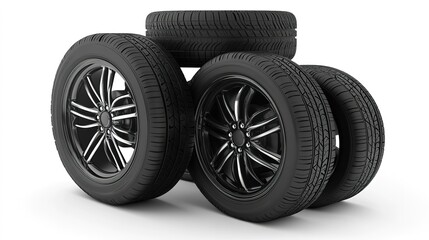 A stack of four black tires with sleek rims, showcasing modern designs and tread patterns, ideal for vehicles.