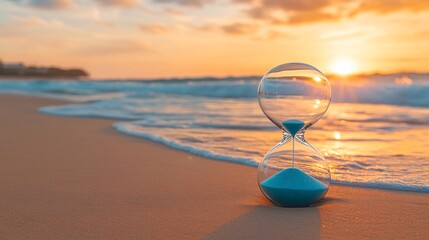 An hourglass placed in front of a sunrise symbolizing new beginnings the passage of time and personal growth Large space for text in center Stock Photo with copy space
