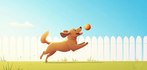 Fototapeta premium A dog chasing a ball flat design, side view, backyard theme, animation, Complementary Color Scheme