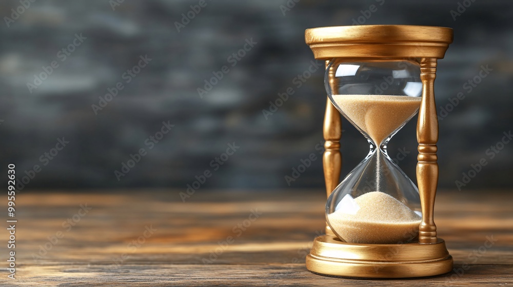 Poster A close-up of the sand in an hourglass falling grain by grain symbolizing the gradual change and growth that comes with time Large space for text in center Stock Photo with copy space