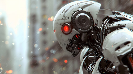 Fototapeta premium Portrait of an android robot, concept of technical support. Neural network AI generated art