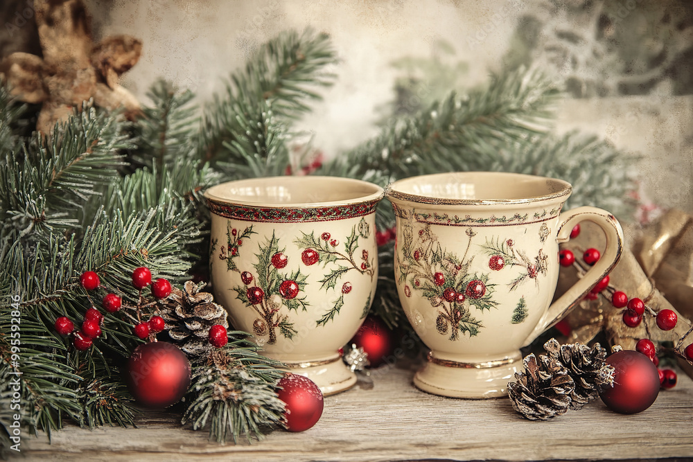 Sticker Vintage Christmas Scene with Traditional Cider Mugs and Antique Decor  