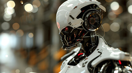 Fototapeta premium Portrait of an android robot, concept of technical support. Neural network AI generated art