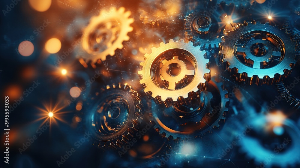 Poster golden gears in motion with dynamic background