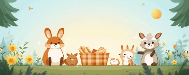 Naklejka premium Animals having a picnic flat design, front view, sunny meadow theme, animation, Triadic Color Scheme