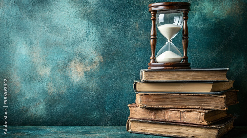 Poster An hourglass placed on top of a stack of books symbolizing times influence on knowledge learning and personal growth Large space for text in center Stock Photo with copy space