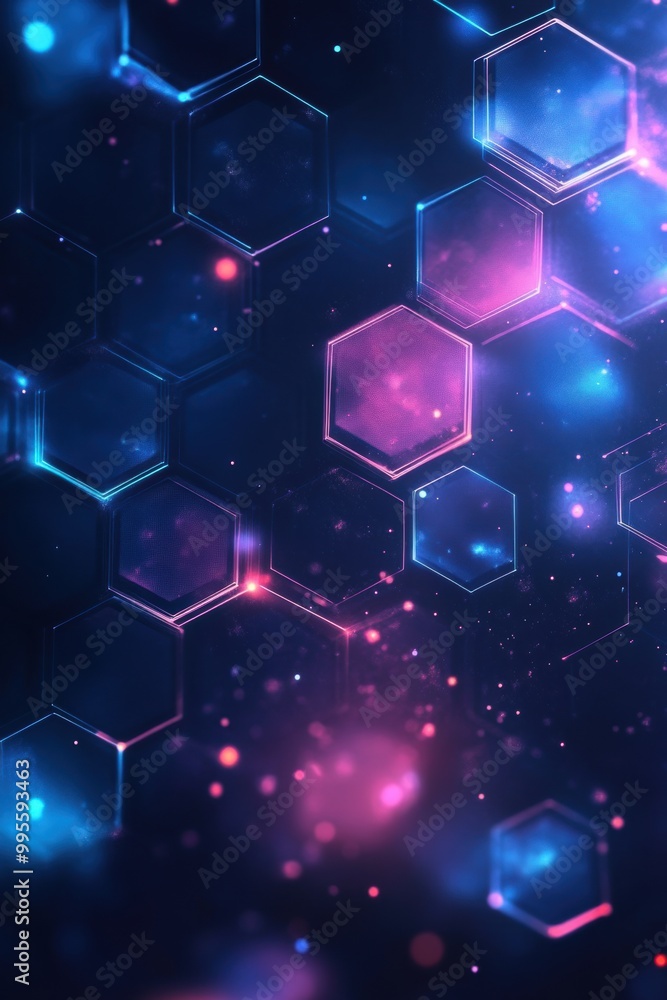 Poster abstract digital background with glowing hexagons and vibrant neon lights creating a futuristic and 