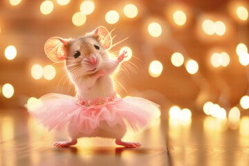 A cute mouse wearing a pink ballerina tutu poses gracefully on stage, with warm bokeh lights