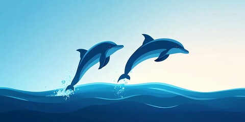 Obraz premium Dolphins jumping out of the water flat design, side view, ocean theme, animation, vivid