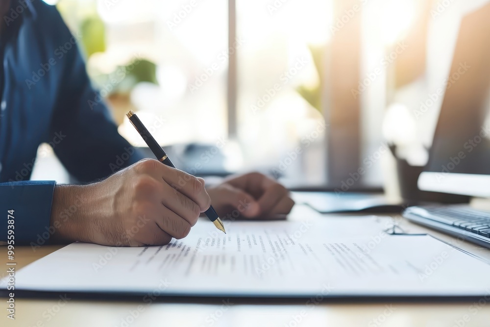 Poster a person writing on a document at a desk with a computer and plants in the background.