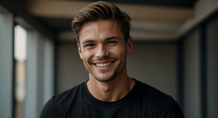 Obraz premium Confident and Charismatic: A handsome young man with a genuine smile and a stylish haircut, exudes confidence and charisma, showcasing his positive energy and approachable demeanor.