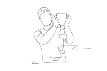 Man lifting trophy. Trophy concept one-line drawing