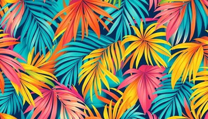 Bright Tropical Palm Leaf Scene with Deep Blue, Neon Yellow, Coral, and Hot Pink Overlapping