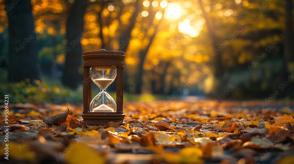 Poster an hourglass surrounded by fallen autumn leaves symbolizing the changing seasons and the inevitabili