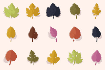 Collection of colorful leaves isolated on white background. Beautiful doodle hand drawn leaves. 