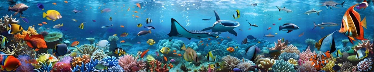 Fototapeta premium A panoramic view of the underwater coral reef, teeming with colorful fish and sea creatures. The ocean's surface is calm as various marine life swims around in an enchanting display of colors and beau