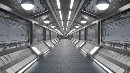 Infinite corridor inside a futuristic spaceship. 3D design