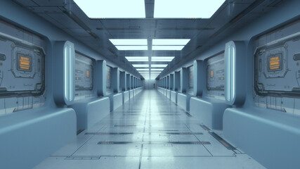 Fototapeta premium Infinite corridor inside a futuristic spaceship. 3D design
