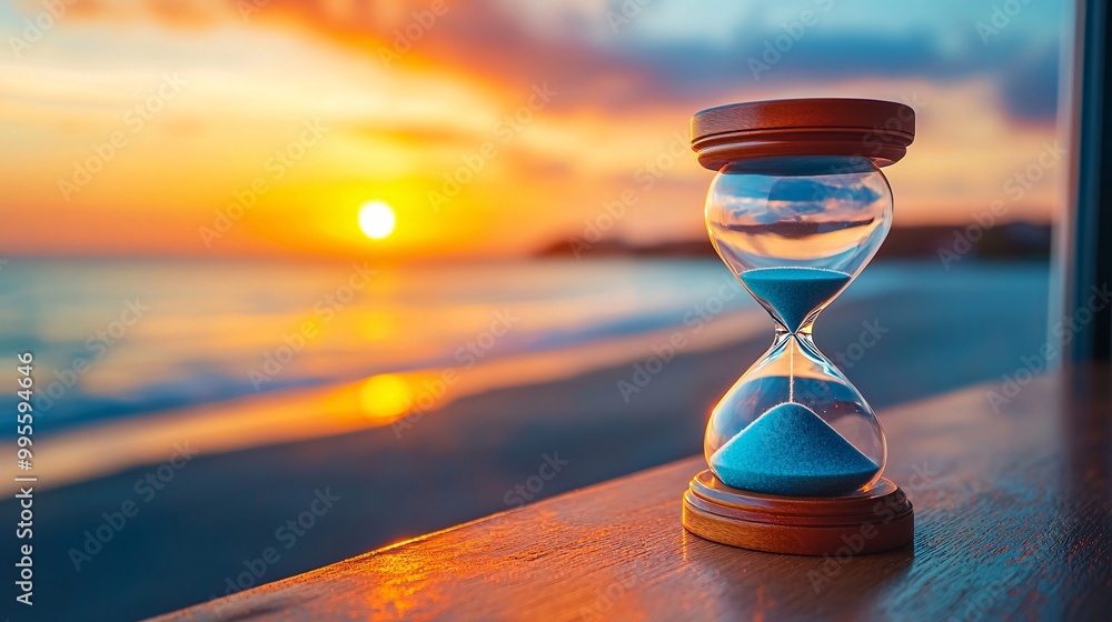 Poster A vintage hourglass sitting on a windowsill with a view of the sunset symbolizing reflection on time that has passed and what lies ahead Large space for text in center Stock Photo with copy space