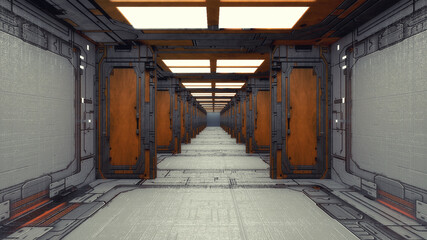 Infinite corridor inside a futuristic spaceship. 3D design