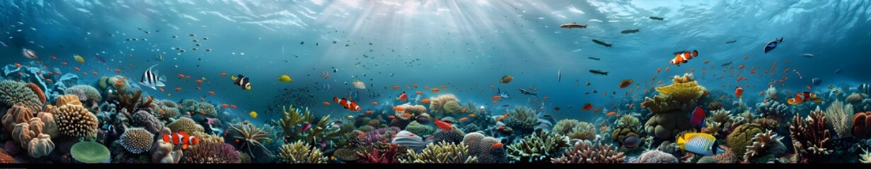 A panoramic view of the underwater world, showcasing vibrant coral reefs teeming with colorful fish and sea creatures in their natural habitat
