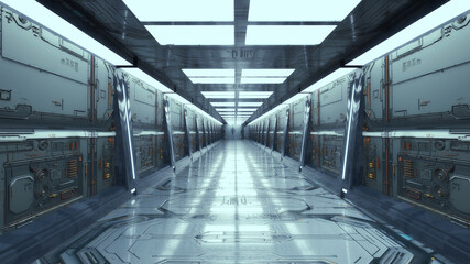 Obraz premium Infinite corridor inside a futuristic spaceship. 3D design