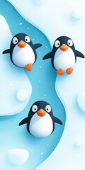 Fototapeta premium Penguins sliding on ice flat design, top view, arctic landscape theme, water color, Triadic Color Scheme