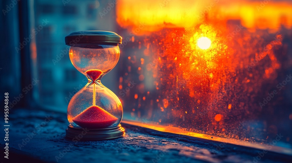 Leinwandbilder a vintage hourglass sitting on a windowsill with a view of the sunset symbolizing reflection on time
