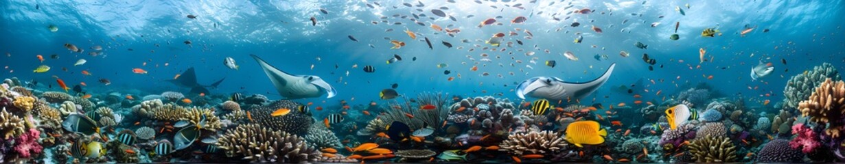 A panoramic view of the underwater world, showcasing vibrant coral reefs teeming with colorful fish and sea creatures in their natural habitat