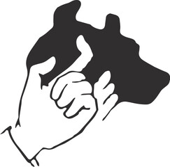 Hand shadow made into the shape of a dog, black and white, graphic design