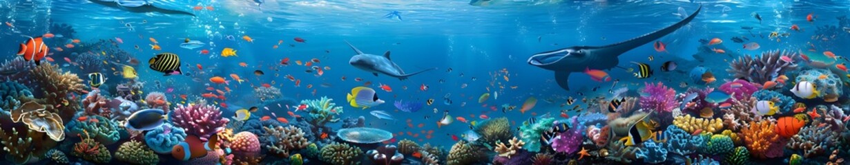 Fototapeta premium A panoramic view of the underwater world, showcasing vibrant coral reefs teeming with colorful fish and sea creatures in their natural habitat