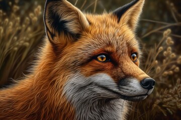 Fototapeta premium A detailed portrait of a fox in a natural setting.