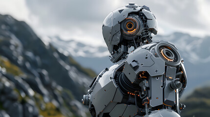 Fototapeta premium Portrait of an android robot, concept of technical support. Neural network AI generated art