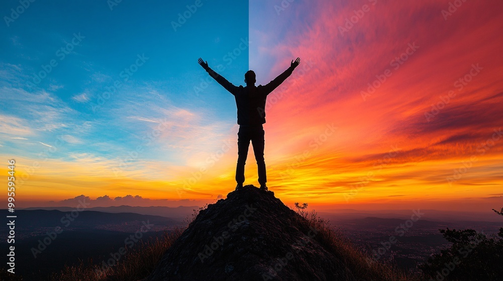 Poster a person standing triumphantly on a mountain peak with a vast landscape in the background representi