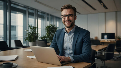 Fototapeta premium Confident Businessman at Work: Portrait of a smiling businessman working on his laptop in a modern office. He exudes confidence and success. 