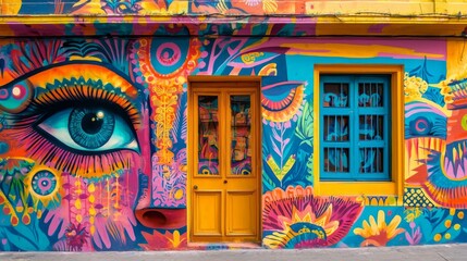 Fototapeta premium Brightly colored street art and mural covering every surface showcasing urban creativity culture
