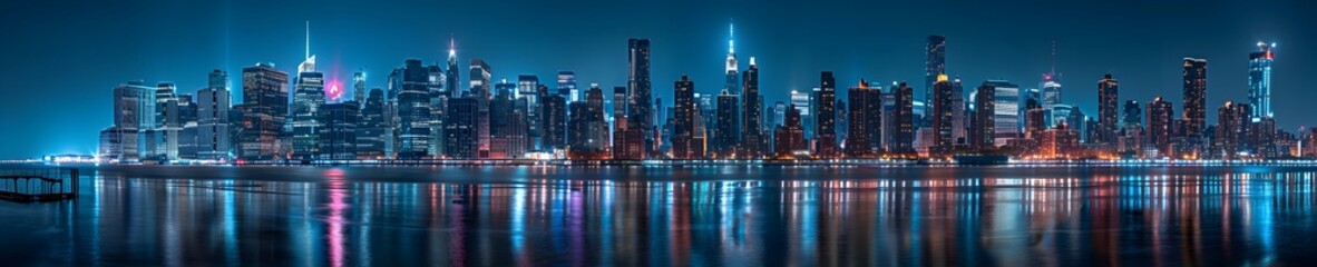 Obraz premium Panoramic photograph of the skyline of New York City at night, with buildings lit up by lights and neon signs, and the buildings along the river reflecting in the water