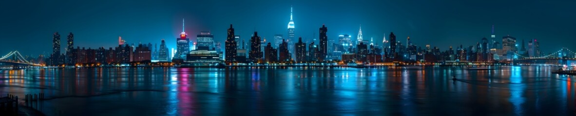 Obraz premium Panoramic photograph of the skyline of New York City at night, with lights reflecting on the water and buildings lit up in a variety of colors