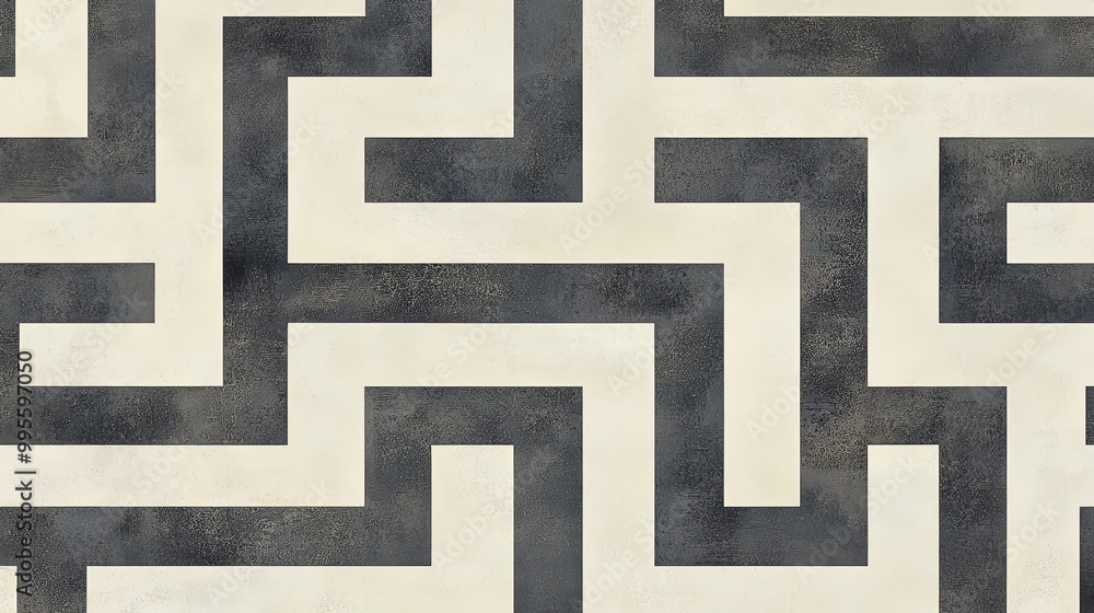 Poster a geometric maze pattern featuring interlocking shapes in contrasting colors, ideal for design or ar
