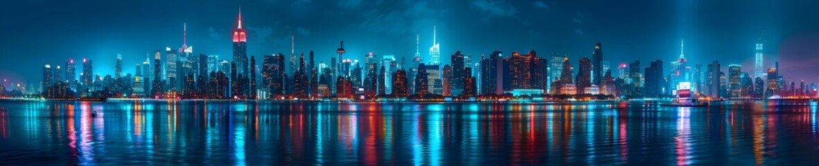 Obraz premium Panoramic photograph of the skyline of New York City at night, with lights reflecting on the water and buildings lit up in a variety of colors