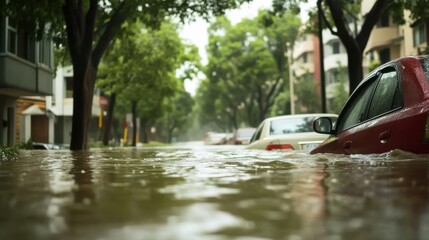 City street, flood or water with danger, property damage or extreme weather with rainfall, insurance claim or emergency. danger or global warming with road closure, climate change or disaster