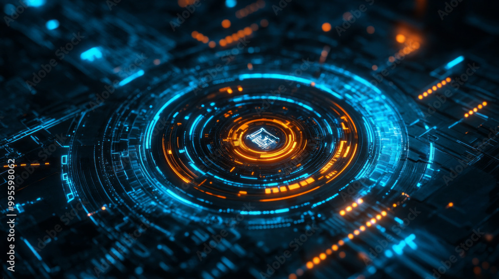 Aufkleber a vibrant digital network design showcasing intricate circuit patterns with glowing blue and orange 