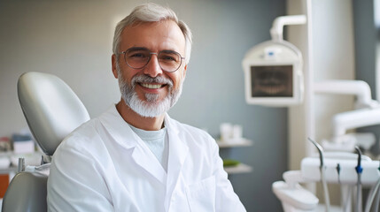Obraz premium A smiling dentist in a modern clinic office providing professional care to patients in a welcoming environment