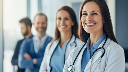 A group of healthcare professionals smiling while providing compassionate care in a clinical setting during the day