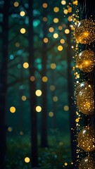 Dark Green Wallpaper Decorated With Shiny Christmas Ornaments On The Forest Trees.